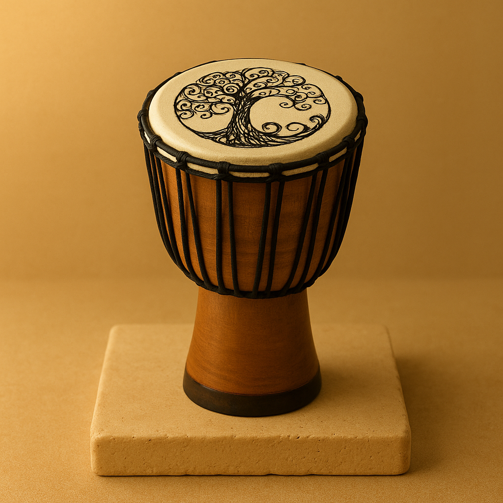 Djembe 40 cm hecho a mano, madera natural con parche decorado con Árbol de la Vida, tono profundo - conexión y enraizamiento