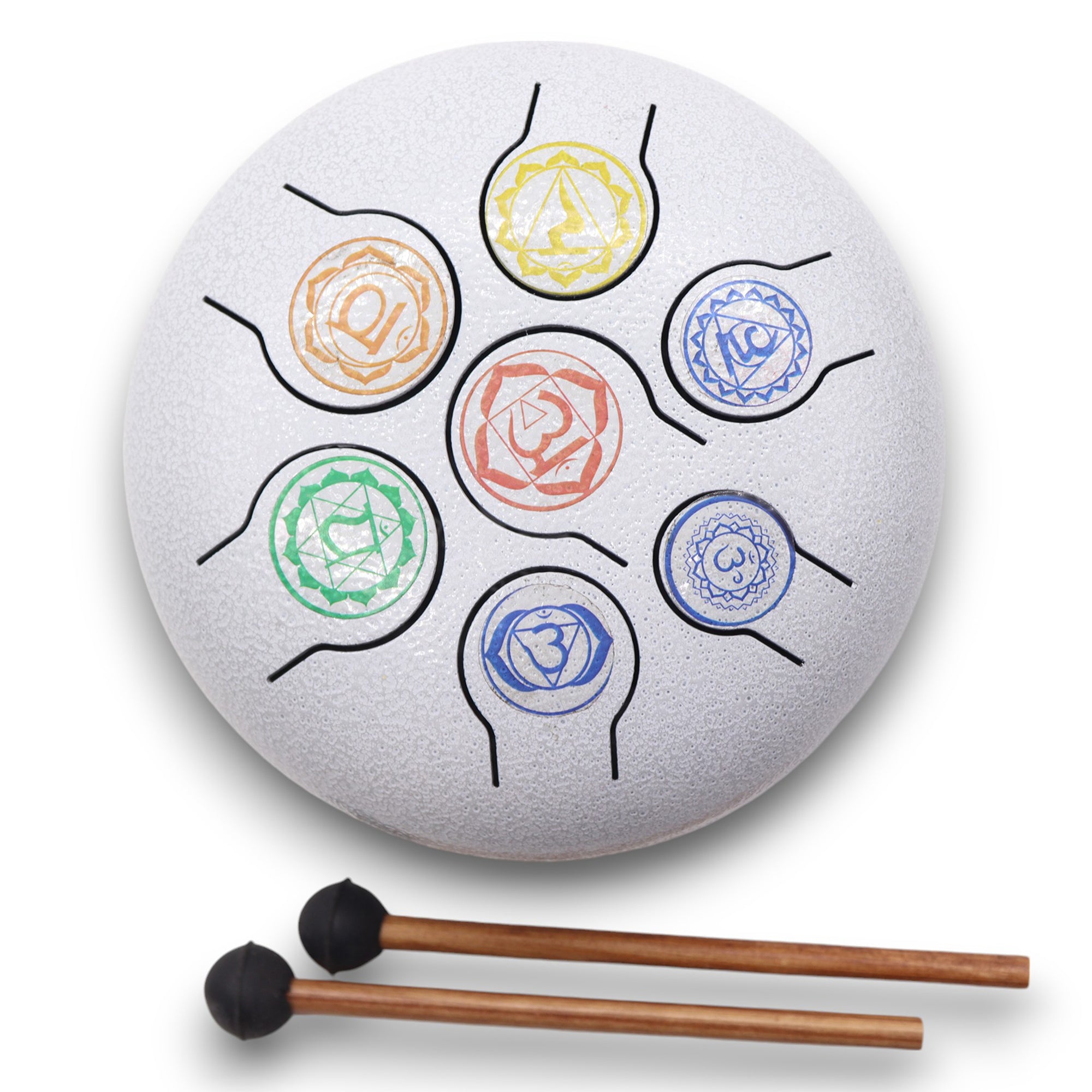 Tambor Hapi 7 Chakras, acero plateado, 17x13 cm con siete lengüetas afinadas y mazos - equilibrio energético y meditación