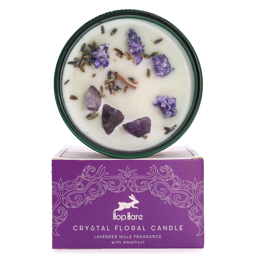 Vela aromática con amatista: cera natural, cristales morados incrustados, fragancia lavanda; caja de lujo - favorece calma