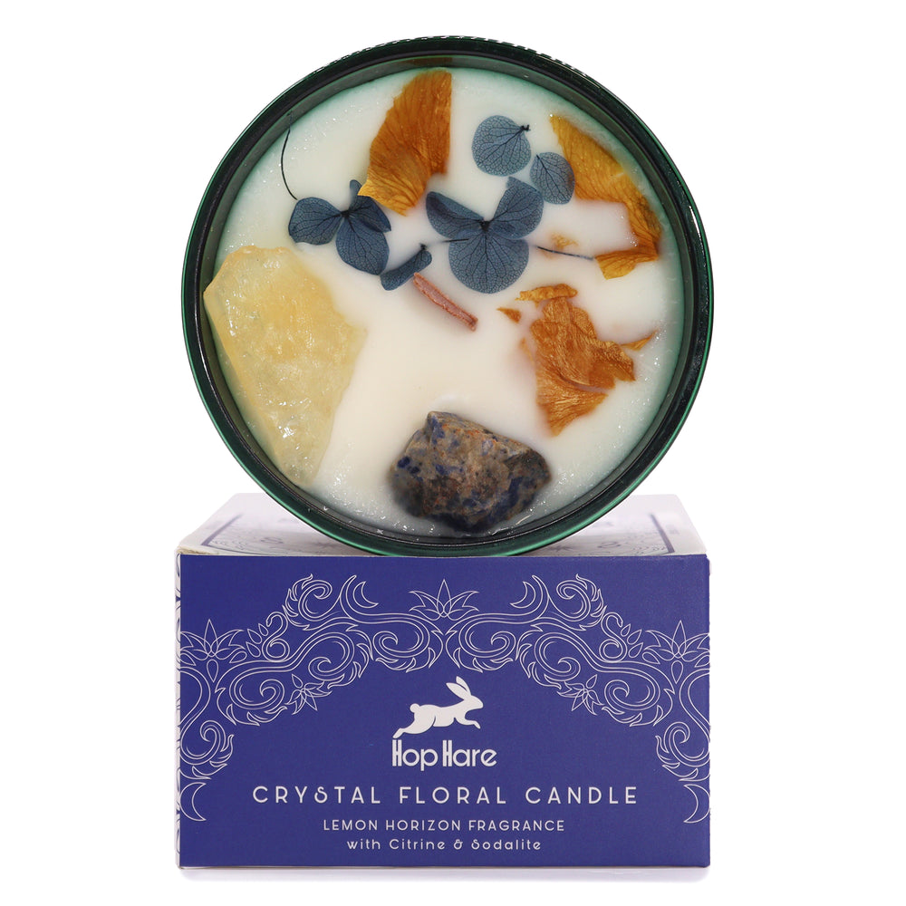 Vela aromática en tarro de cristal, cera natural y cristales citrino y sodalita; frag Lemon Horizon - abundancia