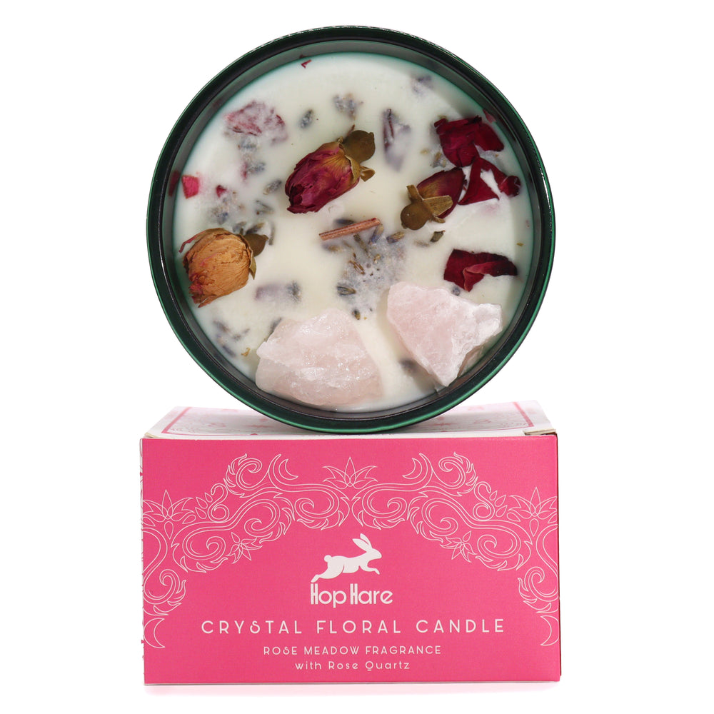 Vela aromática, cera natural con cristales de cuarzo rosa y pétalos de rosa seca, Rose Meadow - amor y serenidad