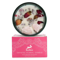 Vela aromática, cera natural con cristales de cuarzo rosa y pétalos de rosa seca, Rose Meadow - amor y serenidad