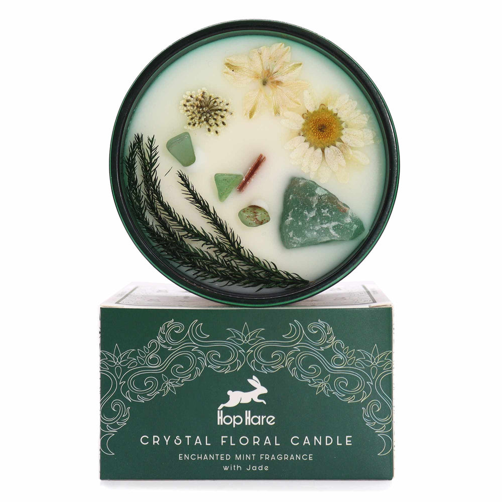 Vela aromática con cristales de jade verde, cera natural y flores secas, fragancia Enchanted Mint, caja de lujo - equilibrio