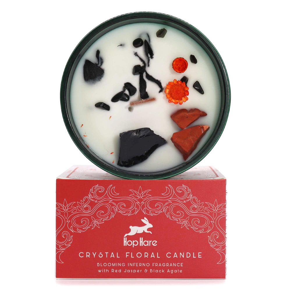 Vela aromática con cristales de jaspe rojo y ágata negra, cera natural y caja de lujo, fragancia Blooming Inferno - Vitalidad
