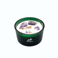 Vela aromática con amatista: cera natural, cristales morados incrustados, fragancia lavanda; caja de lujo - favorece calma