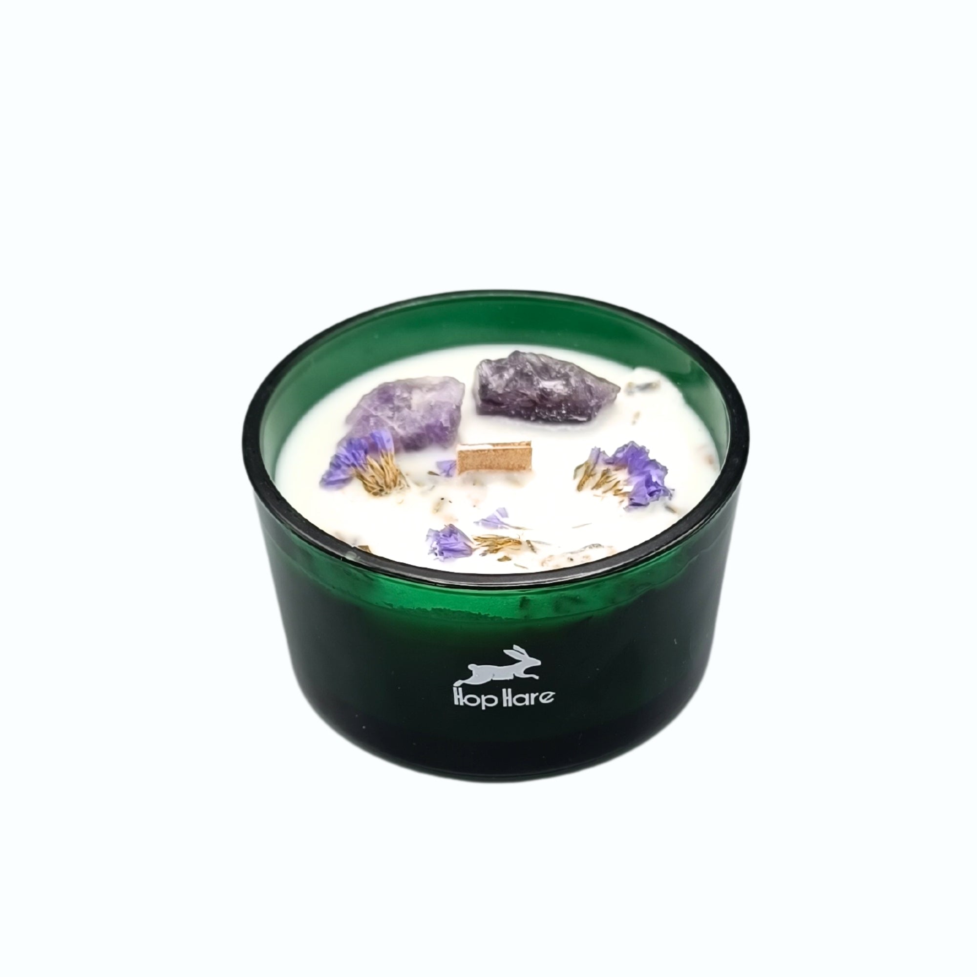 Vela aromática con amatista: cera natural, cristales morados incrustados, fragancia lavanda; caja de lujo - favorece calma