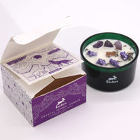 Vela aromática con amatista: cera natural, cristales morados incrustados, fragancia lavanda; caja de lujo - favorece calma