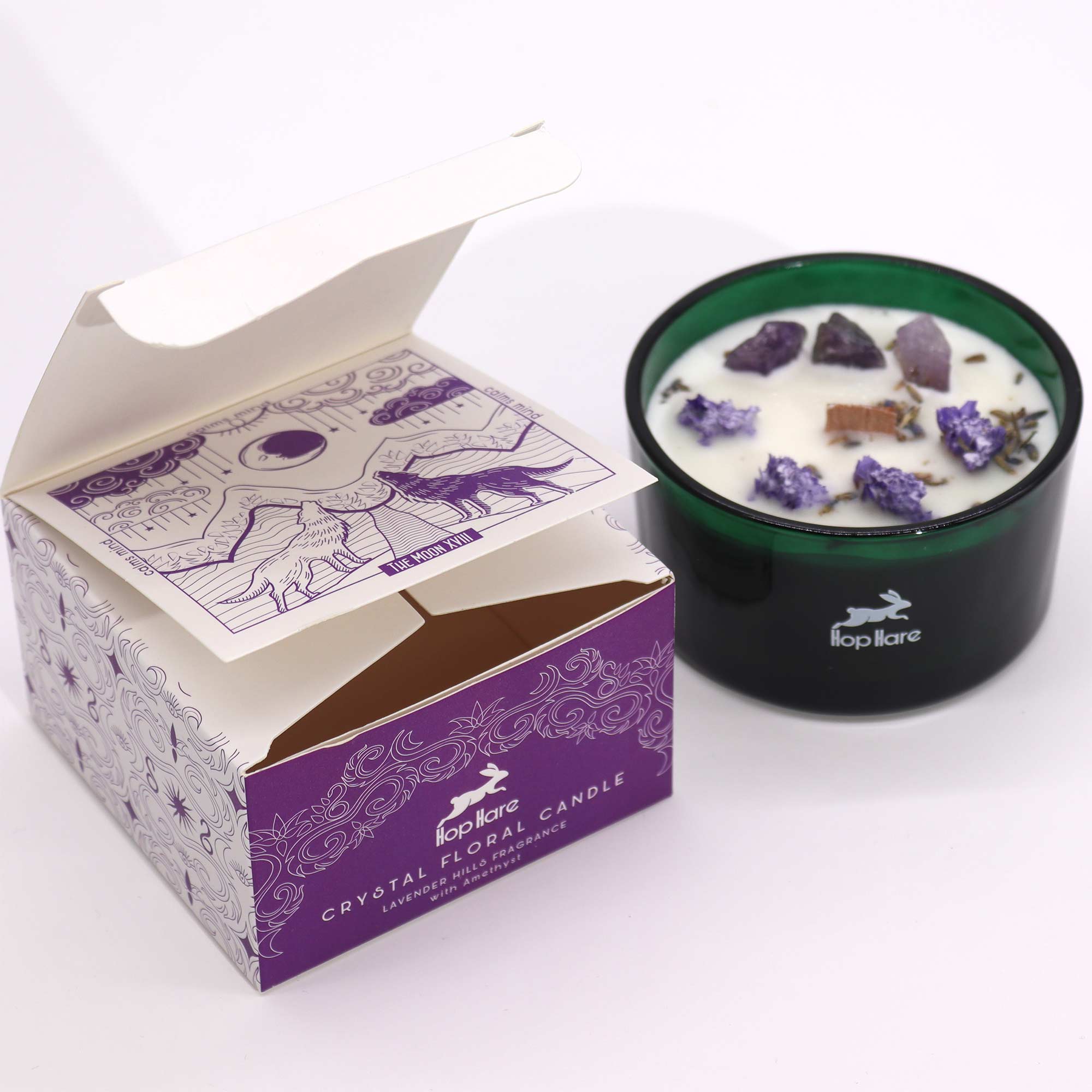 Vela aromática con amatista: cera natural, cristales morados incrustados, fragancia lavanda; caja de lujo - favorece calma