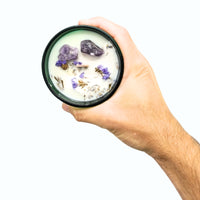 Vela aromática con amatista: cera natural, cristales morados incrustados, fragancia lavanda; caja de lujo - favorece calma