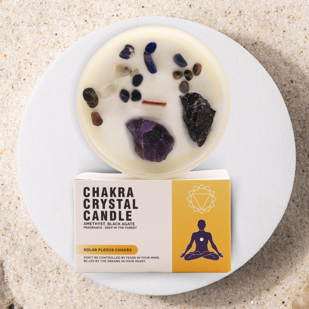 Vela de Cristal Chakra Plexo Solar, amarilla con cristales en cera y aroma cítrico - equilibrio, energía y confianza