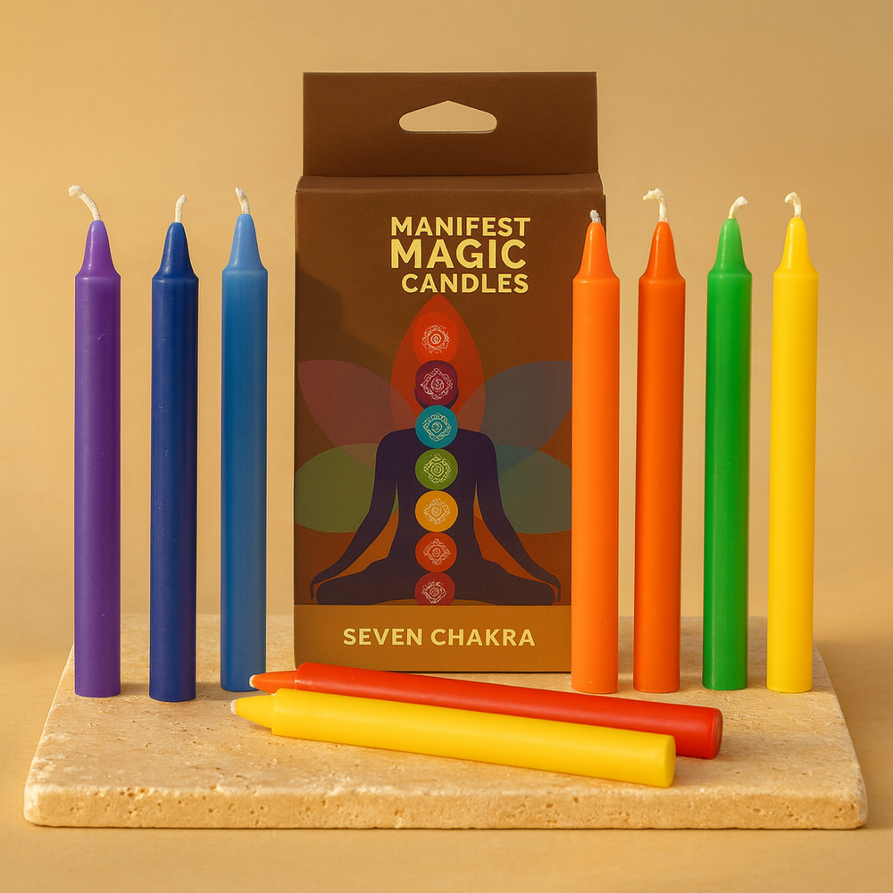 Velas del Manifiesto de los Siete Chakras: 7 velas cónicas en colores para cada chakra - armonía y equilibrio energético
