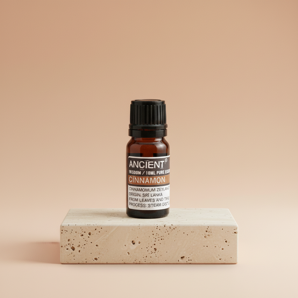 Aceite esencial de canela en botella de vidrio ámbar 10 ml con etiqueta, aroma cálido – favorece relajación y aromaterapia