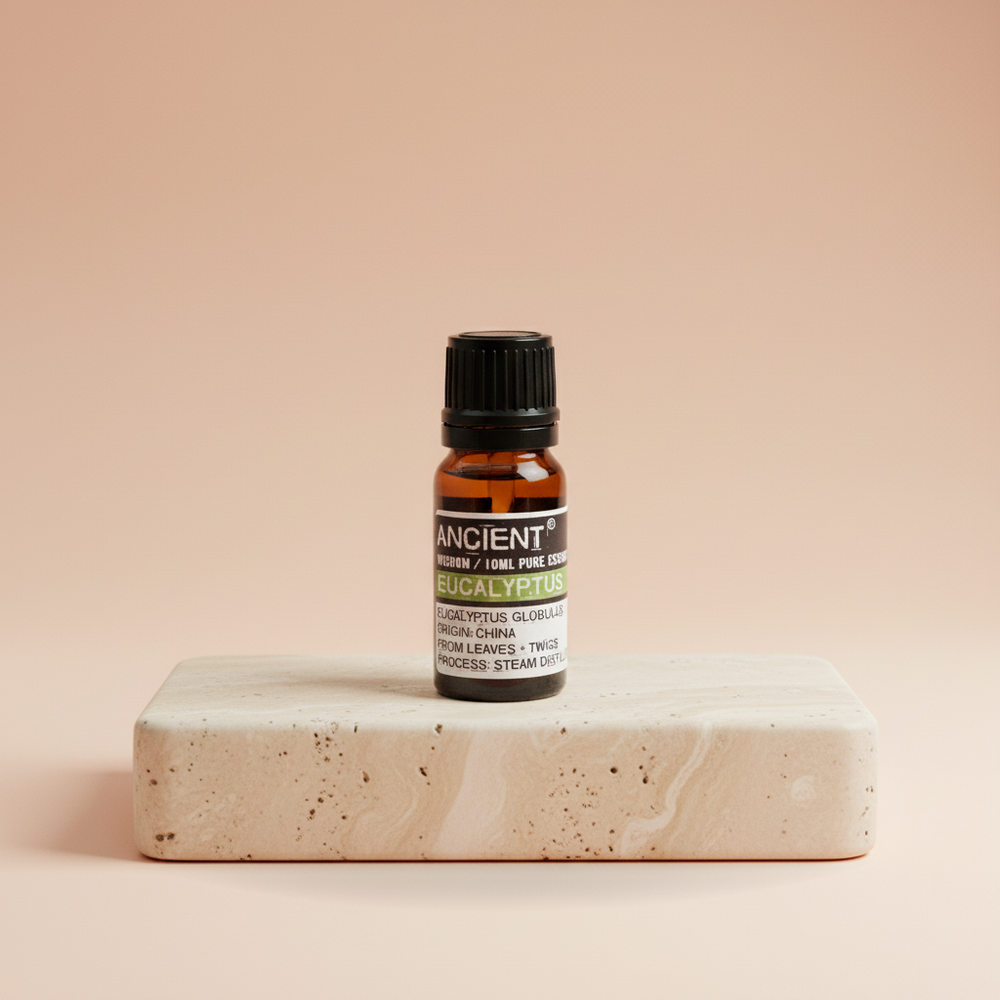 Aceite esencial de eucalipto, frasco de 10 ml con líquido y etiqueta - para apoyo respiratorio y bienestar
