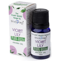Aceite Esencial Violet Lily: botella de vidrio azul oscuro de 10 ml, con caja, aroma sereno - fomenta calma y equilibrio