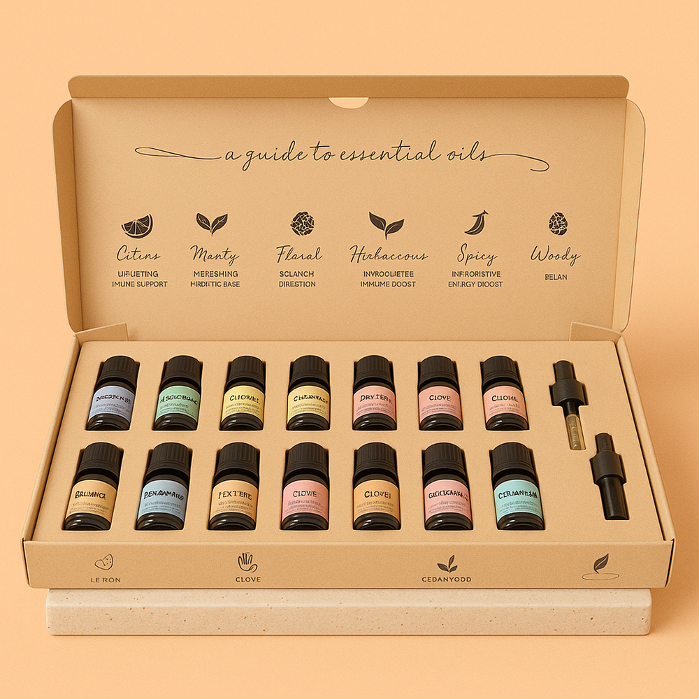 Set de aceites esenciales 100% naturales, 12 frascos de vidrio 10 ml en estuche—cítricos y florales - equilibrio y bienestar
