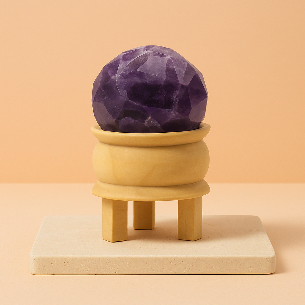 Bola de Amatista – esfera morada de 4–5 cm en soporte de madera artesanal, estable, para calma y protección - paz mental.