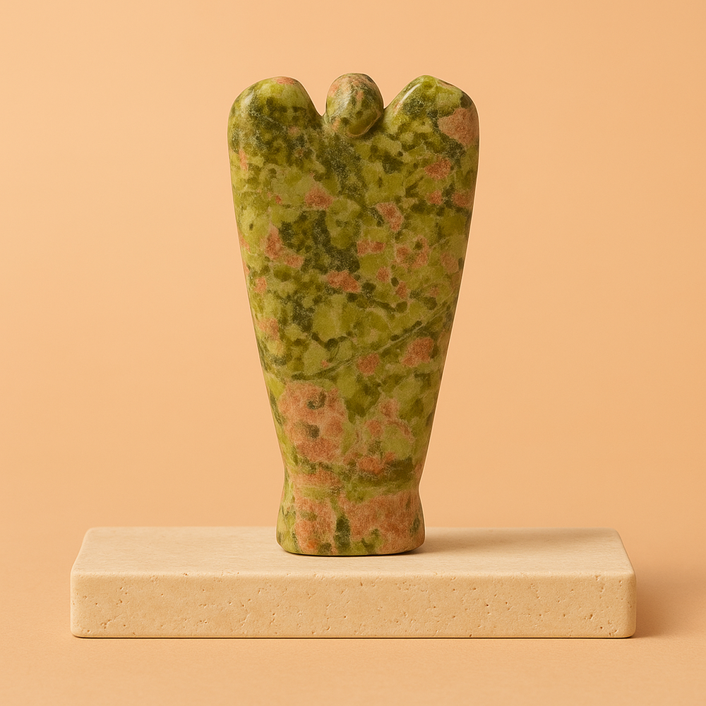 Unakita ángel de piedra preciosa tallado a mano, verde y rosa, acabado pulido - equilibrio emocional
