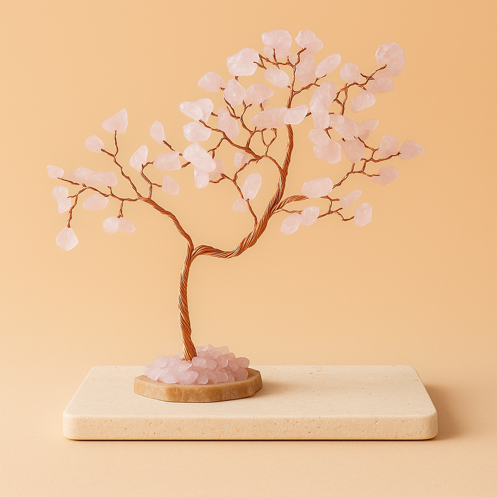 Árbol de Cristal de Cuarzo Rosa con ramas de cobre y cristales rosados naturales, base de resina, 15 cm - amor y armonía