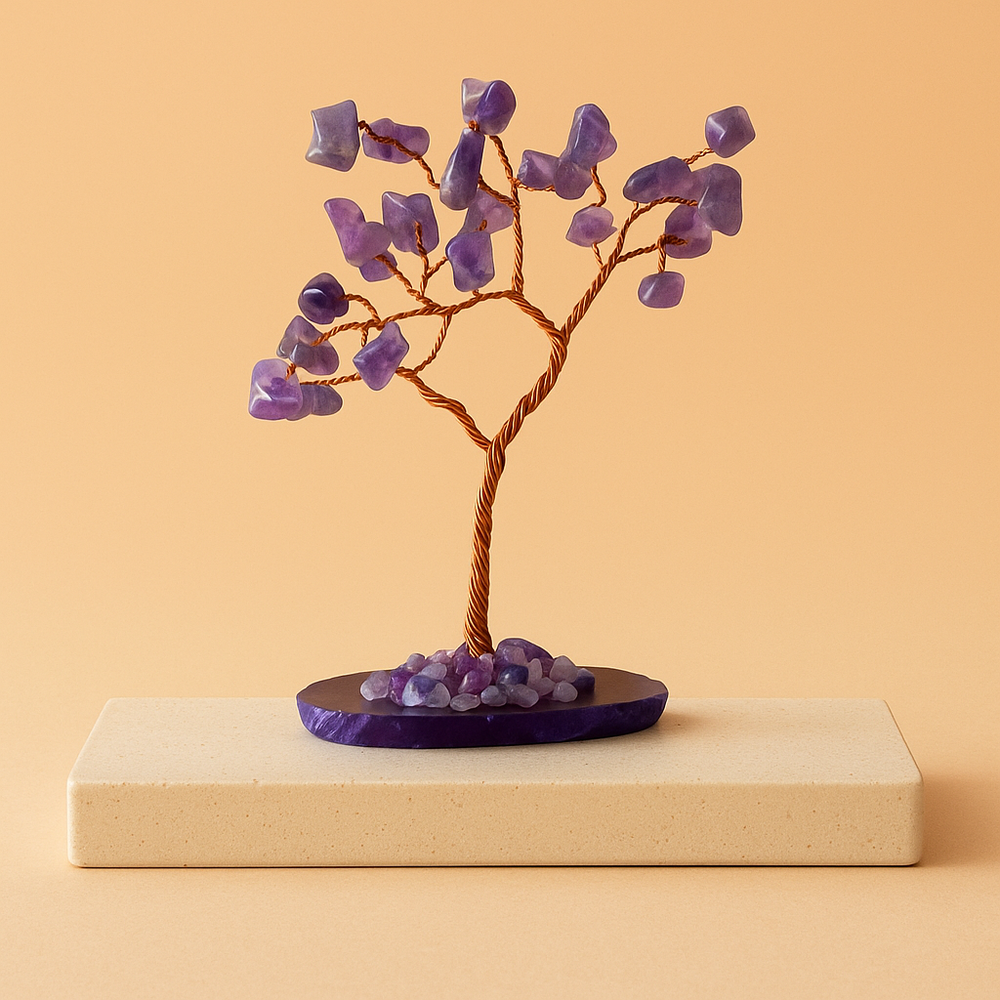Árbol de amatista sobre base de ágata natural, 35 cristales, 15 cm, violeta - favorece calma y protección espiritual.