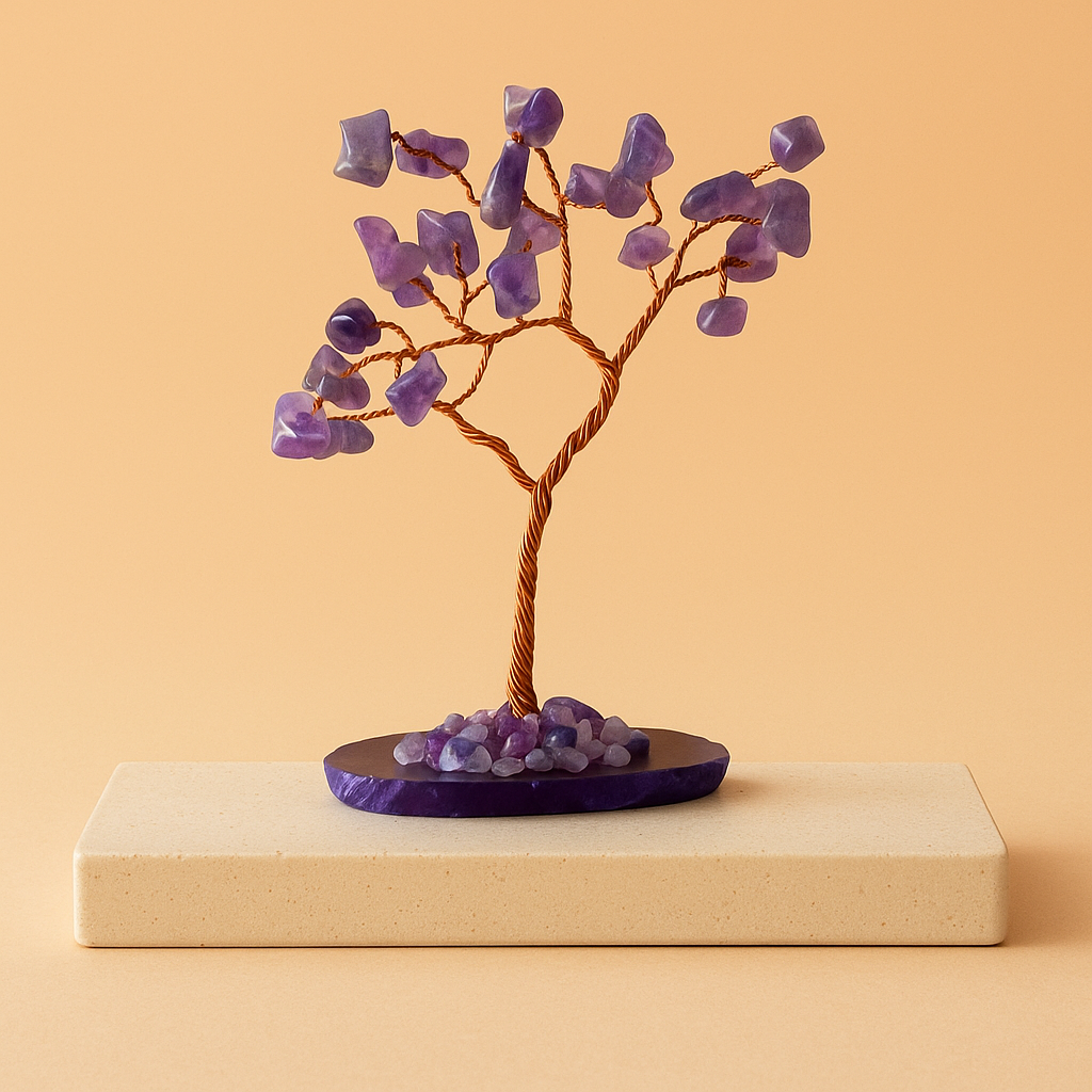Árbol de amatista sobre base de ágata natural, 35 cristales, 15 cm, violeta - favorece calma y protección espiritual.
