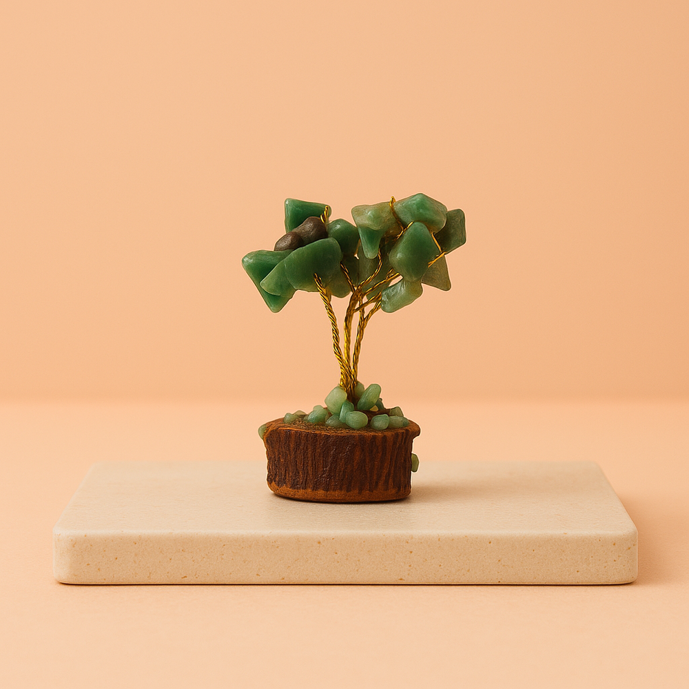 Aventurina verde mini árbol de piedras preciosas sobre base de madera, 15 gemas, 10-15 cm - Salud, suerte y bienestar