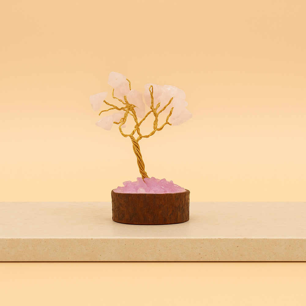 Cuarzo rosa: mini árbol de 15 piedras preciosas sobre base de madera, 10-15 cm de alto; ideal para altar, amor y armonía.