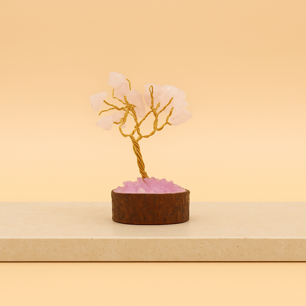 Cuarzo rosa: mini árbol de 15 piedras preciosas sobre base de madera, 10-15 cm de alto; ideal para altar, amor y armonía.