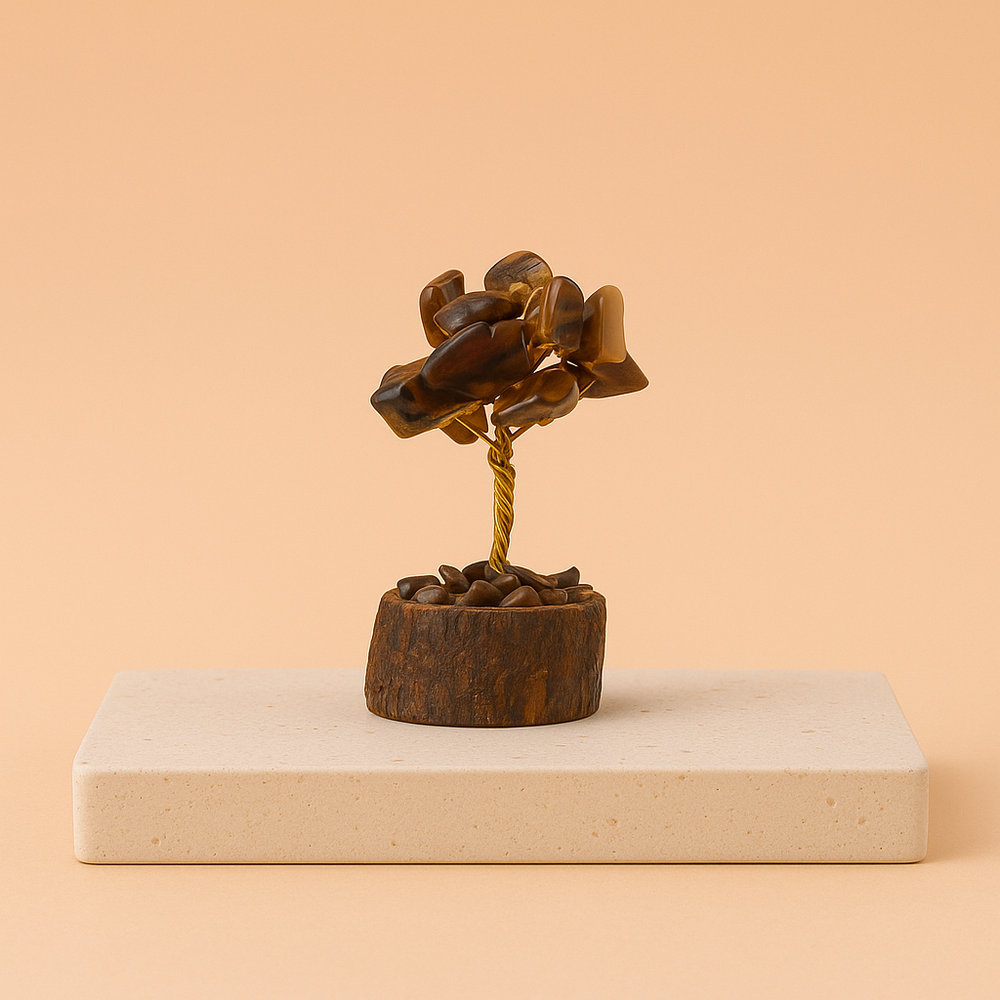 Ojo de Tigre: mini árbol de piedras doradas sobre base de madera, 15 gemas, ramas flexibles, 10–15 cm - Protección