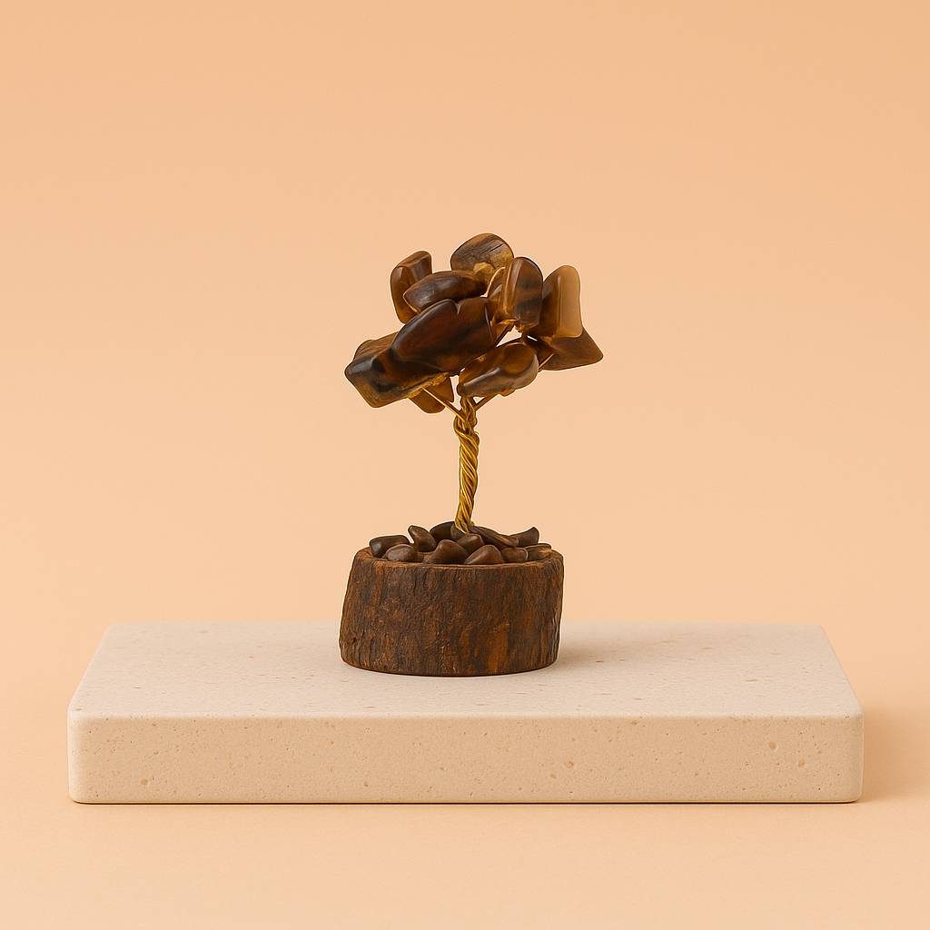 Ojo de Tigre: mini árbol de piedras doradas sobre base de madera, 15 gemas, ramas flexibles, 10–15 cm - Protección