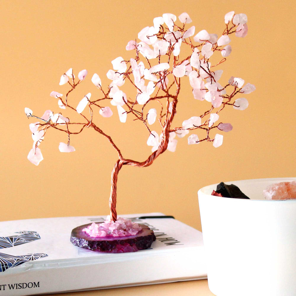 Árbol de Cristal de Cuarzo Rosa con ramas de cobre y cristales rosados naturales, base de resina, 15 cm - amor y armonía
