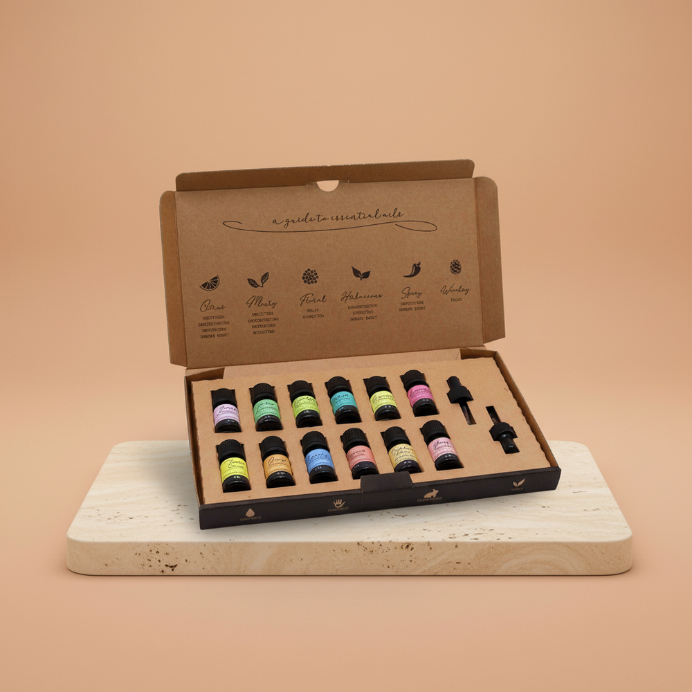 Set de aceites esenciales: doce frascos ámbar con cuentagotas - presentación ordenada para relajación diaria
