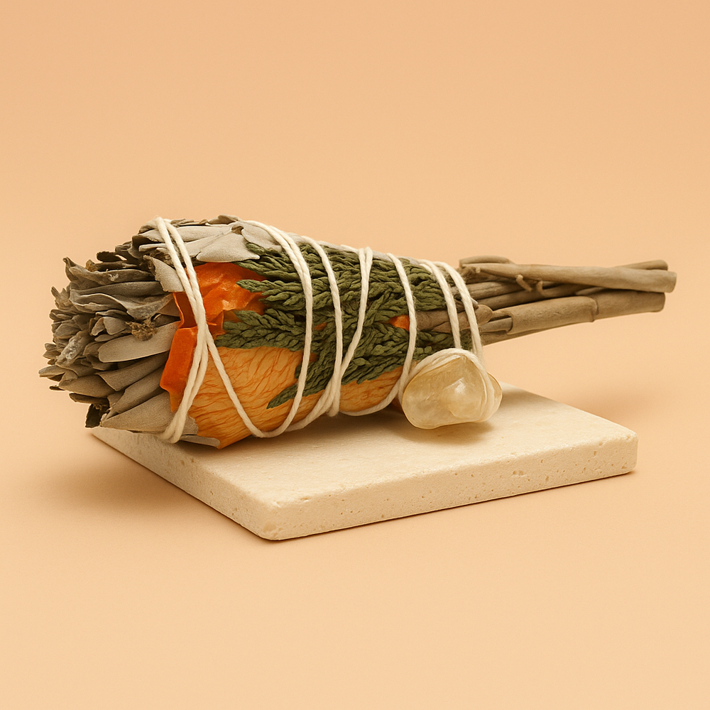 Atado de hierbas con Citrino: 10-12 x 3-4 cm, piedra dorada y aroma cítrico - purifica y atrae abundancia.