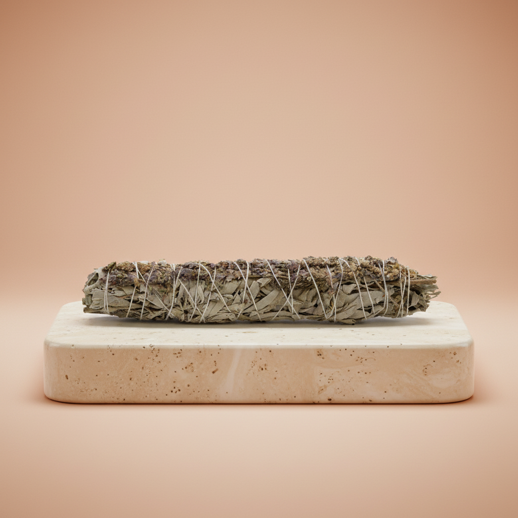 Salvia blanca y lavanda en atado de 22.5 cm con envoltorio kraft, hierba aromática visible - para purificar el ambiente
