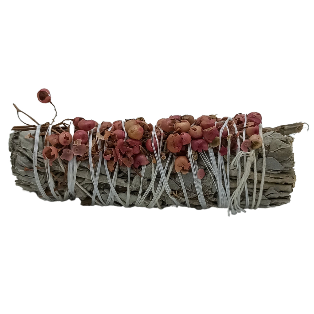 Atado de Salvia Blanca Californiana con Pirul natural, 12 cm x 4 cm, contiene salvia apiana y bayas de pirul - purificación