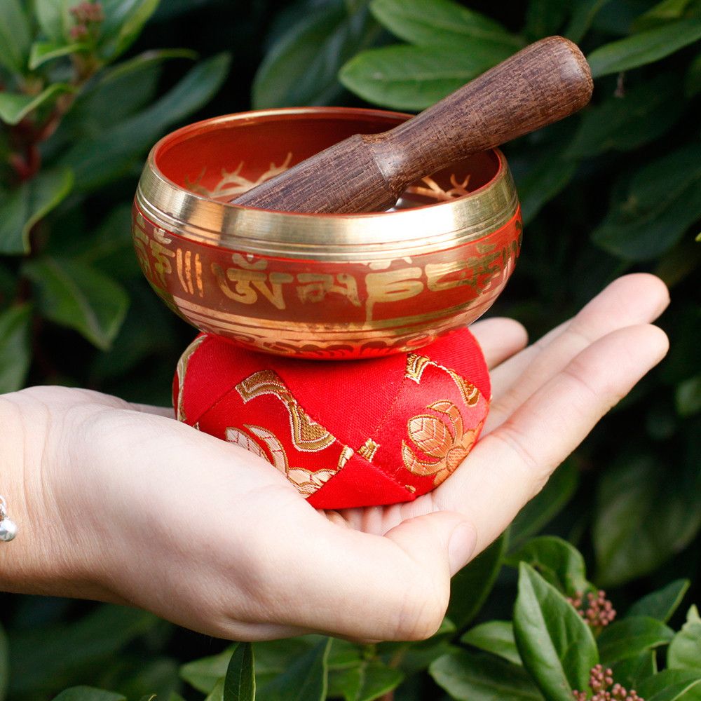 Cuenco tibetano rojo, set regalo mini, para uso en hogar y meditación - favorece armonía y bienestar.