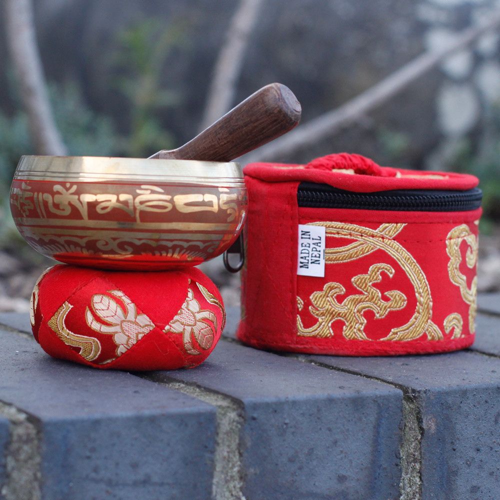 Cuenco tibetano rojo, set regalo mini, para uso en hogar y meditación - favorece armonía y bienestar.