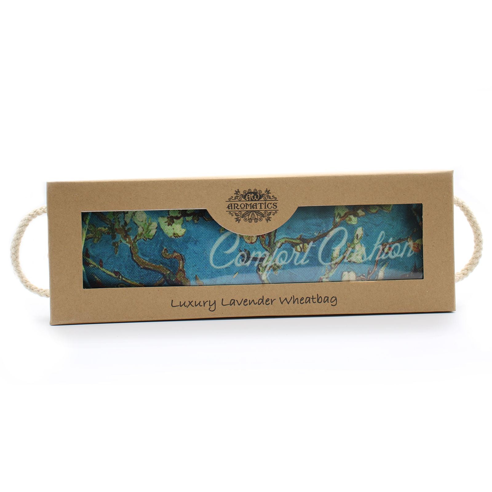 Bolsa de trigo en caja de regalo: tela con lavanda, asas de cuerda que sobresalen - calor terapéutico y relajación.