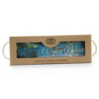 Bolsa de trigo en caja de regalo: tela con lavanda, asas de cuerda que sobresalen - calor terapéutico y relajación.