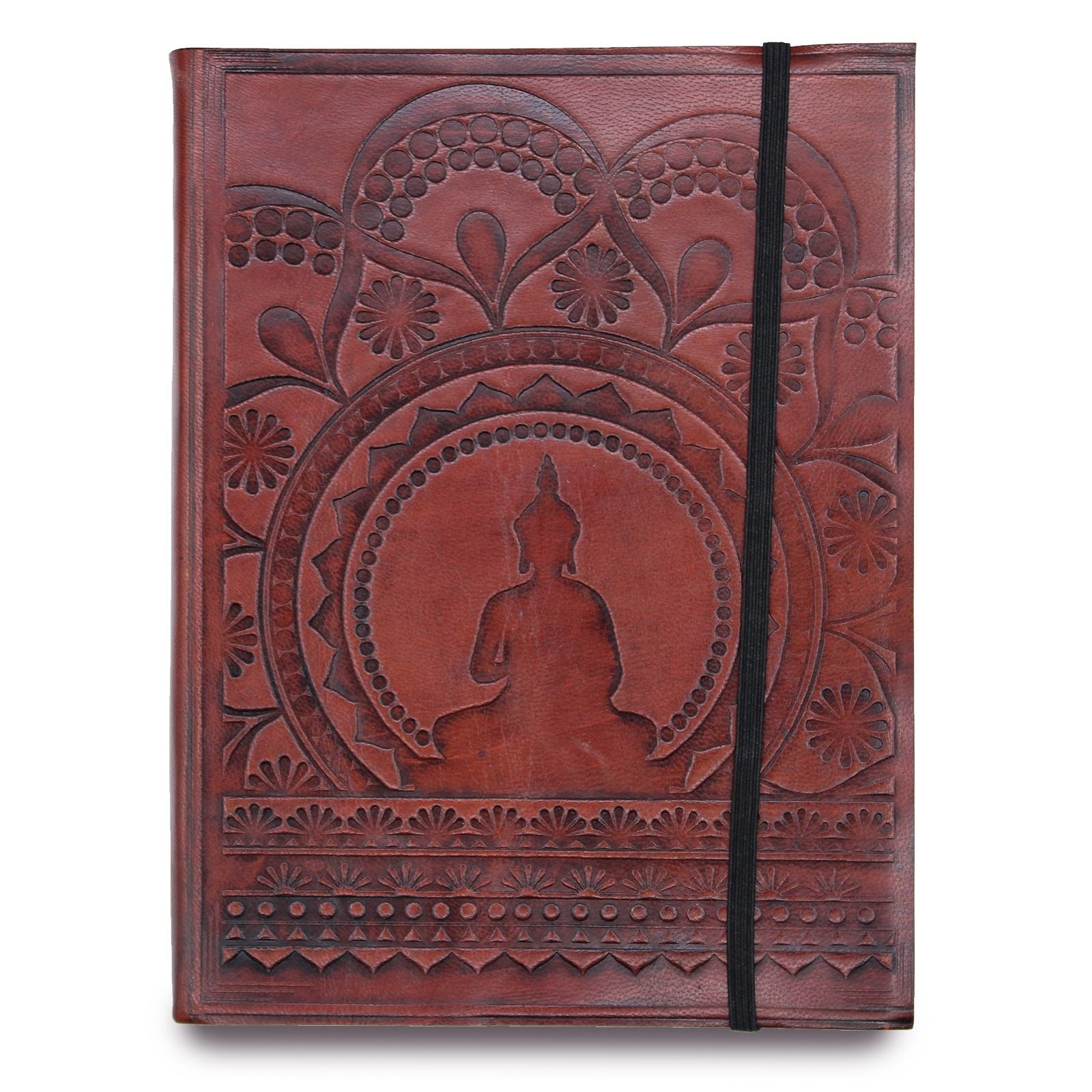 Cuaderno mediano con elástico - Mandala tibetano en cuero vegetal, ideal para meditación - favorece armonía
