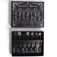 Cucharas de Bruja juego de 7 piezas en cristal de piedra preciosa con plata oscura, mangos rectos - para rituales y bienestar