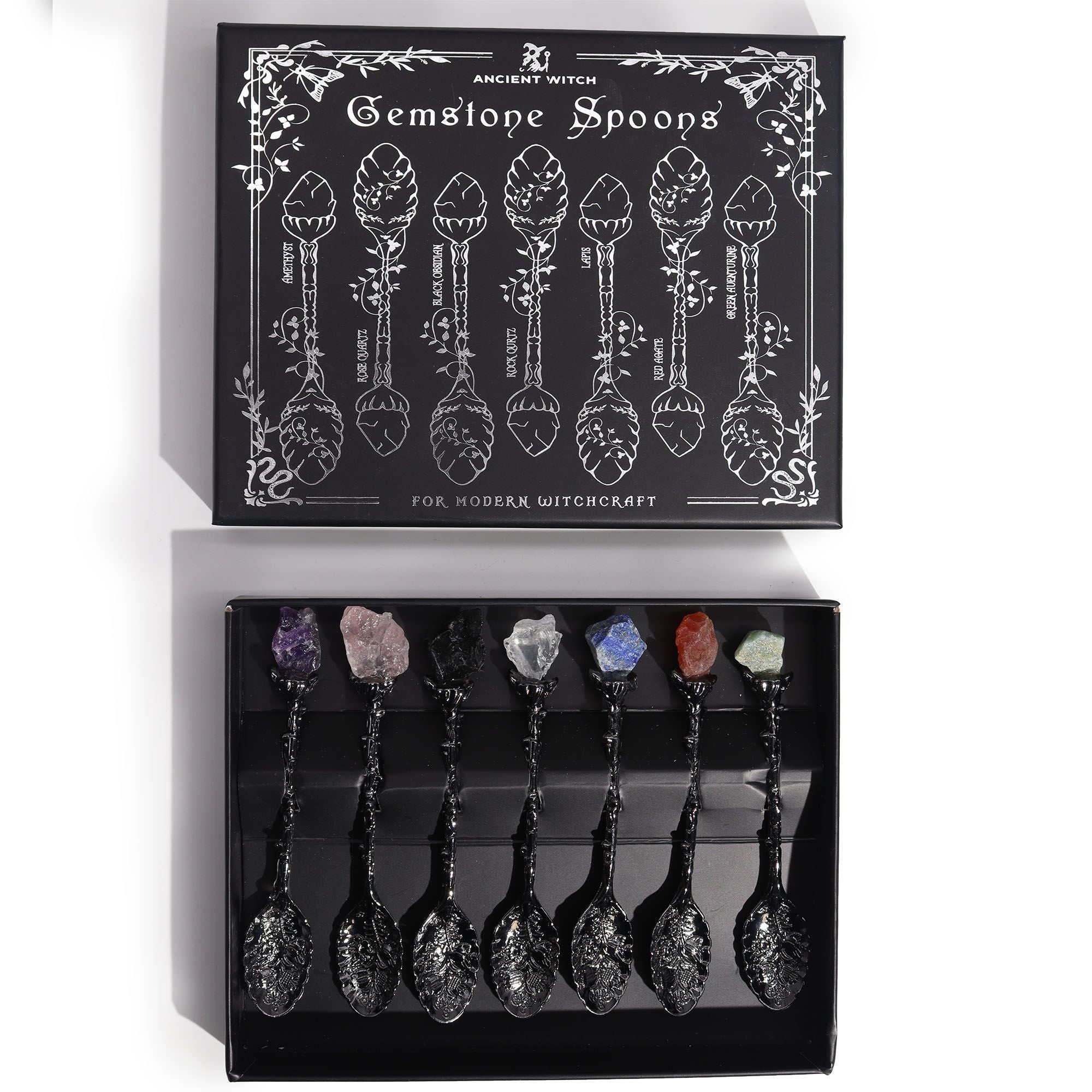 Cucharas de Bruja juego de 7 piezas en cristal de piedra preciosa con plata oscura, mangos rectos - para rituales y bienestar