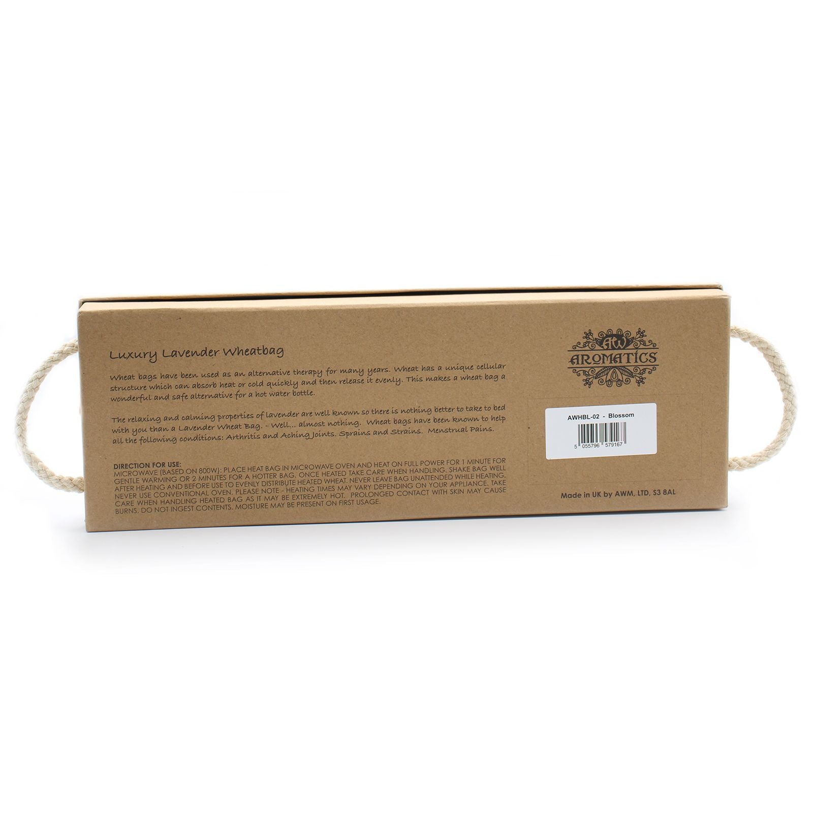 Bolsa de trigo en caja de regalo: tela con lavanda, asas de cuerda que sobresalen - calor terapéutico y relajación.