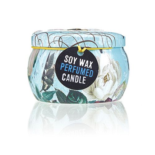 Vela artística de hojalata en lata decorativa impresa con etiqueta, 120 g, aroma a peonía - quema limpia y ecológica