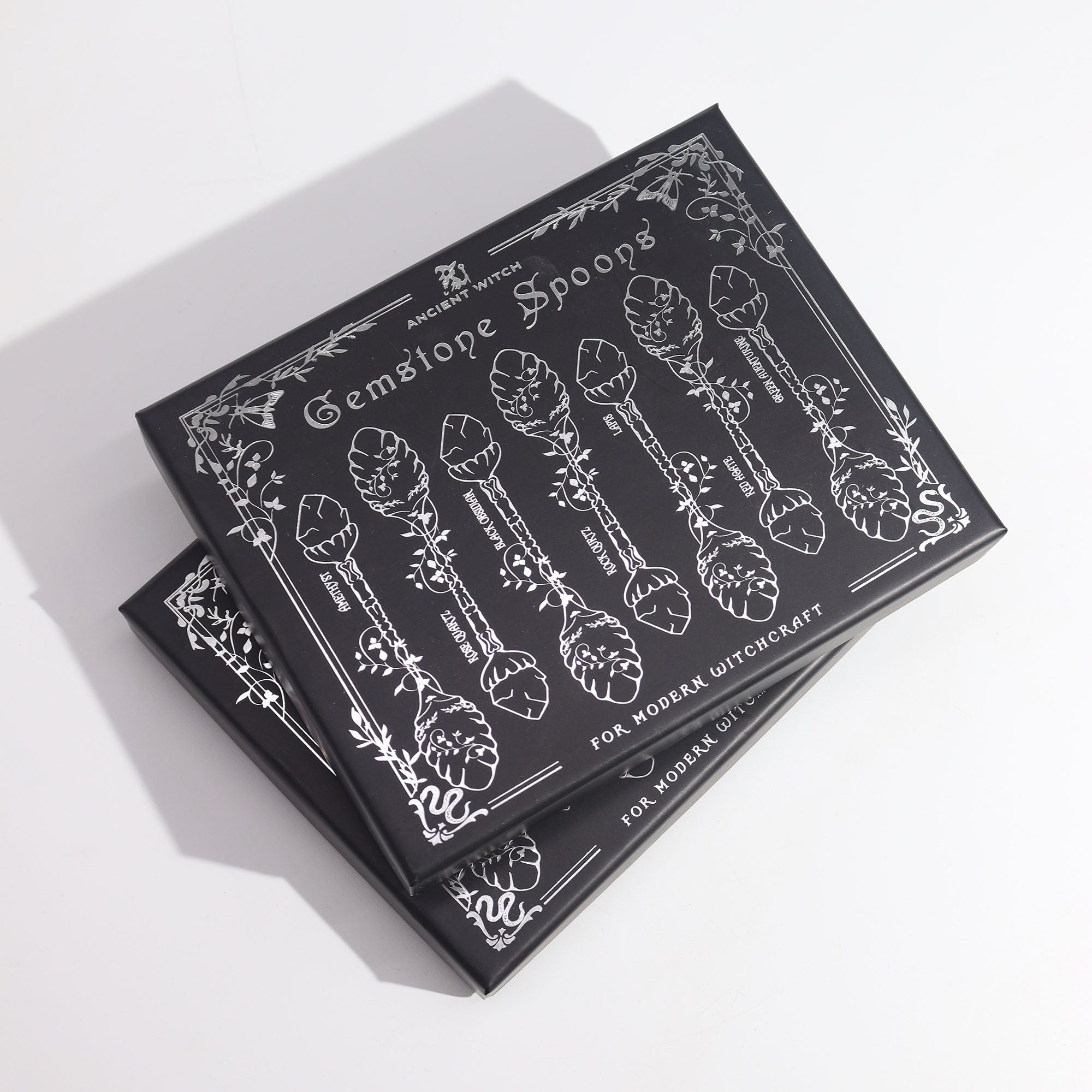 Cucharas de Bruja juego de 7 piezas en cristal de piedra preciosa con plata oscura, mangos rectos - para rituales y bienestar
