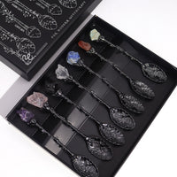 Cucharas de Bruja juego de 7 piezas en cristal de piedra preciosa con plata oscura, mangos rectos - para rituales y bienestar