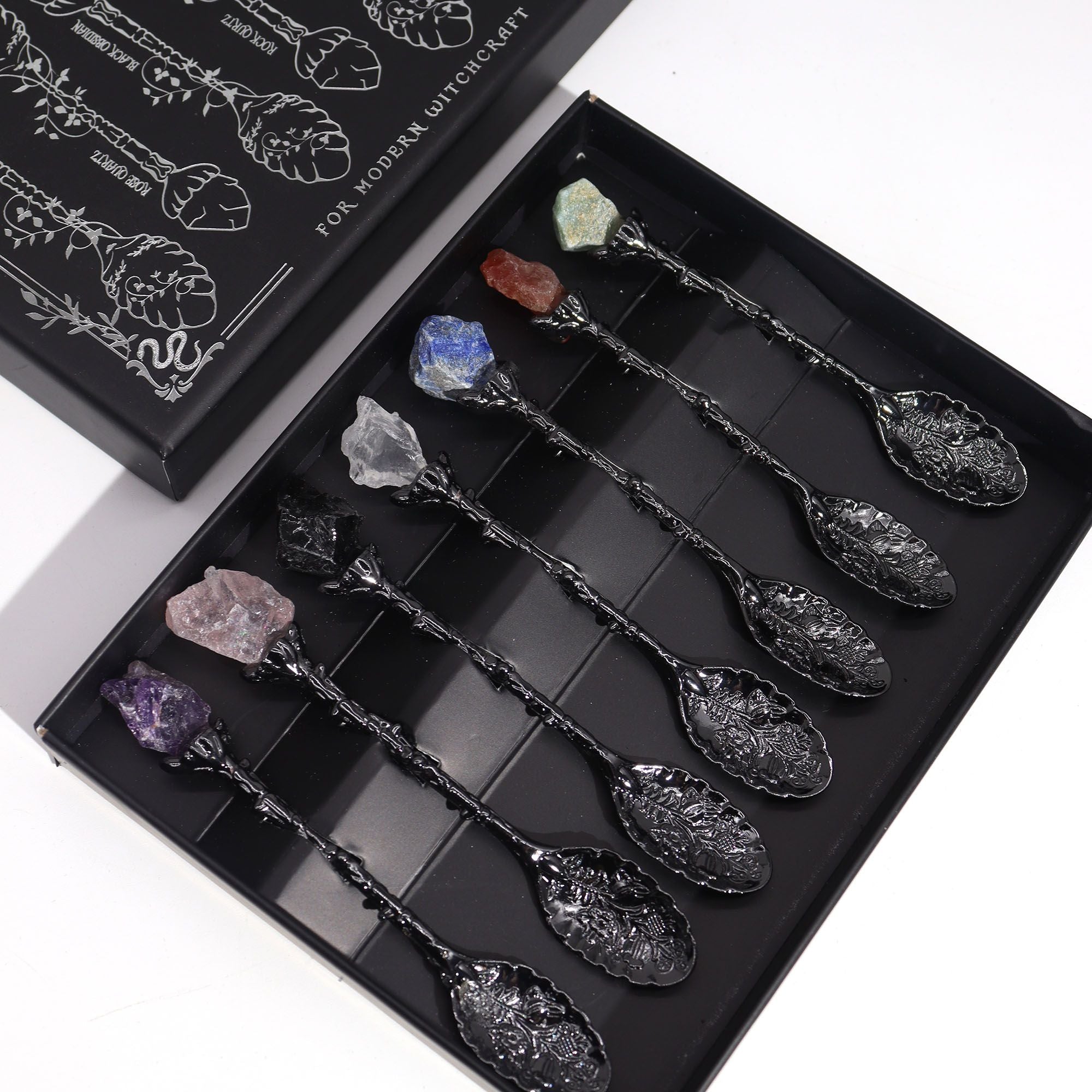 Cucharas de Bruja juego de 7 piezas en cristal de piedra preciosa con plata oscura, mangos rectos - para rituales y bienestar