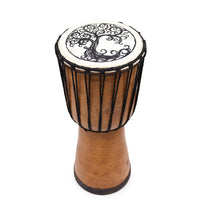 Djembe 40 cm hecho a mano, madera natural con parche decorado con Árbol de la Vida, tono profundo - conexión y enraizamiento