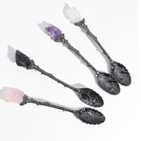 Cucharas de Bruja juego de 7 piezas en cristal de piedra preciosa con plata oscura, mangos rectos - para rituales y bienestar