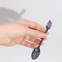 Cucharas de Bruja juego de 7 piezas en cristal de piedra preciosa con plata oscura, mangos rectos - para rituales y bienestar