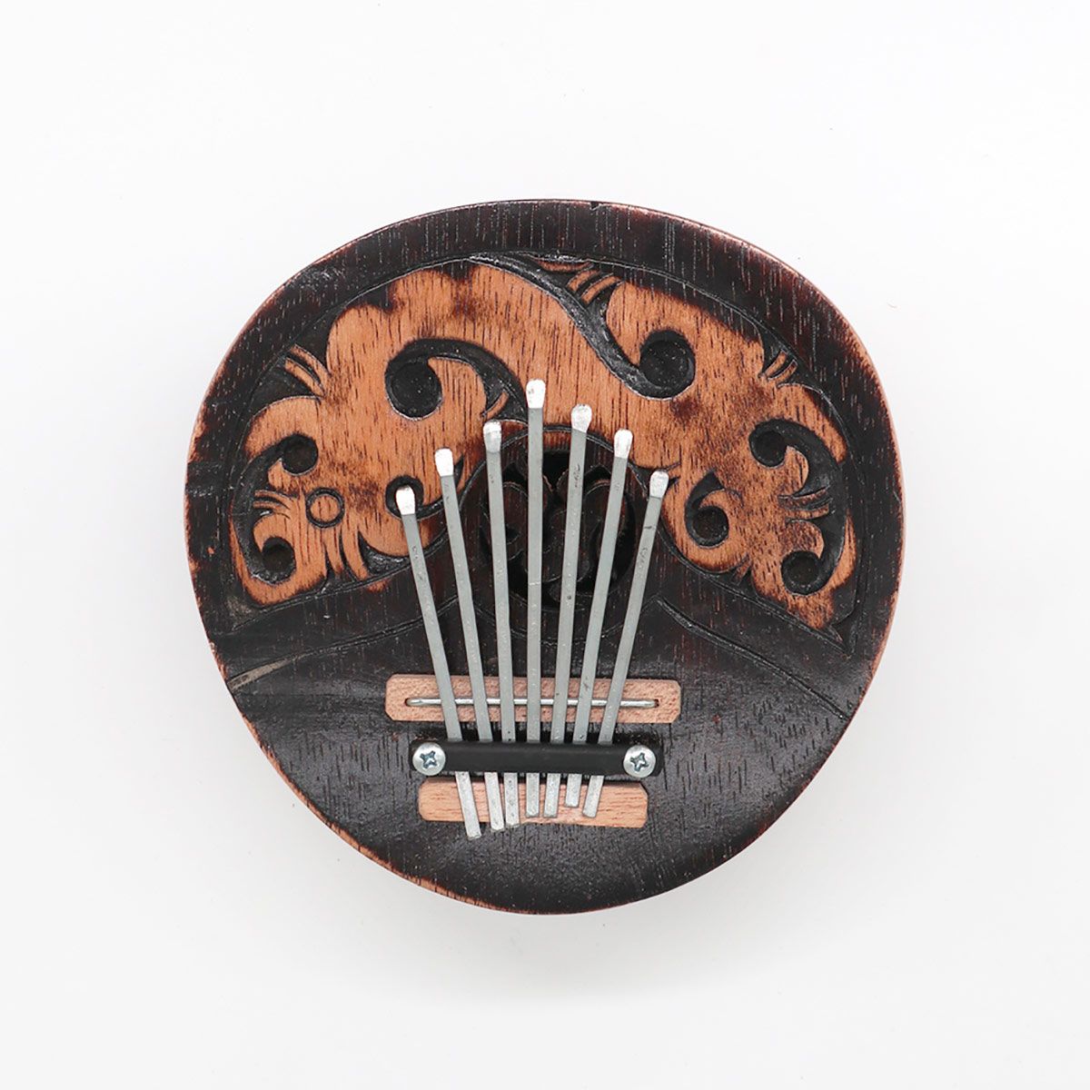 Kalimba de Coco Antiguo, piano de pulgar en cáscara de coco natural pulida, compacto, tines metálicos - favorece relajación.